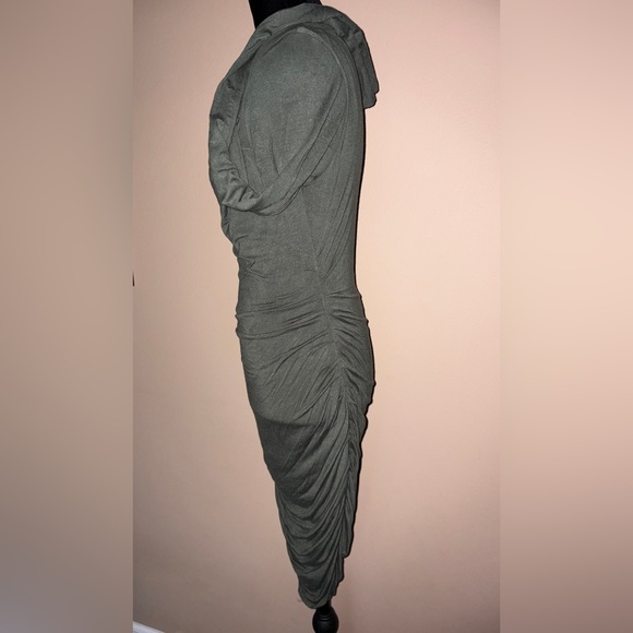 VENUS Asymmetrical Olive Long Sleeve Ruched Dress - Picture 5 of 9